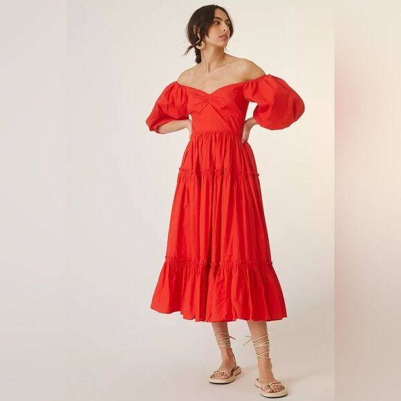 atsu Off-The-Shoulder Poplin Midi Dress Elegant Red Off-Shoulder size 4 EUC - Picture 1 of 5